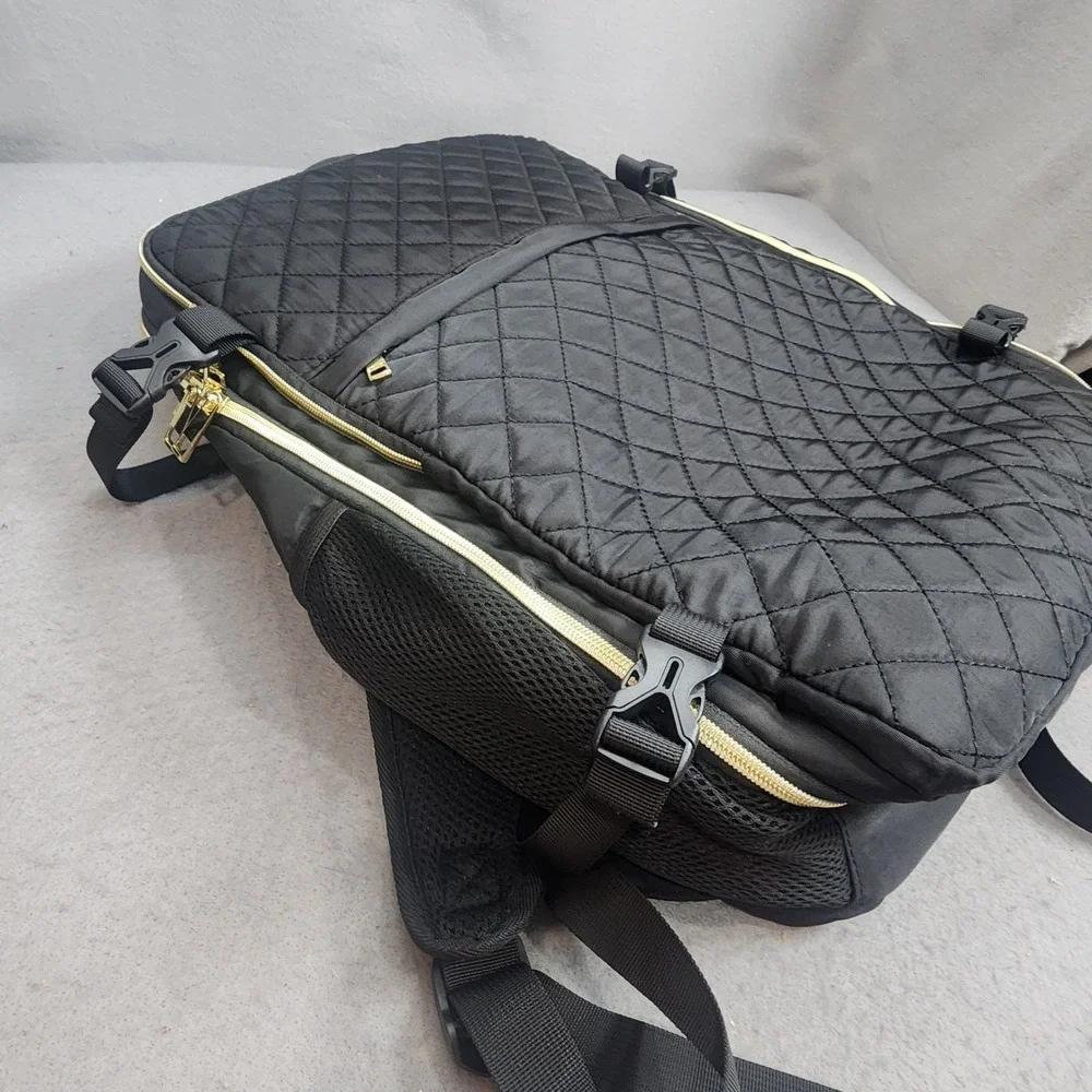 Momuvo Backpack Black Quilted Laptop Travel Bag Gold Hardware Womens Large